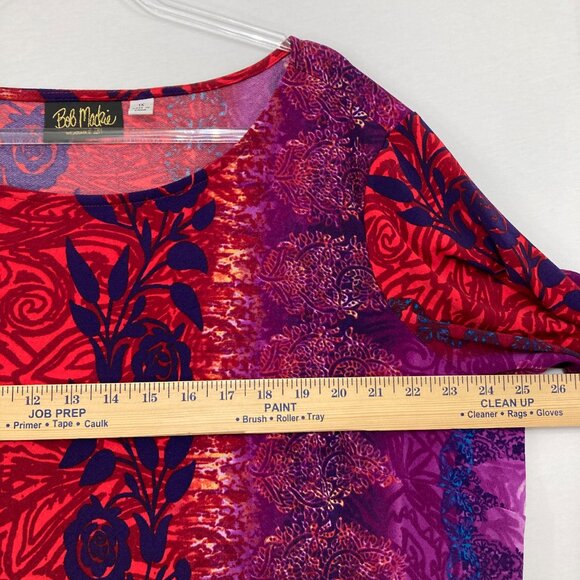 Bob Mackie size 1X Red Purple Floral Flare Sleeve Stretch Knit Blouse Romantic - Picture 5 of 8
